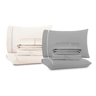 Imagem de Kit 2 Jogos de Lençol Queen Premium 4 Peças, Toque Macio, Ponto Palito, 400 Fios Casa Dona Cinza e Marfim