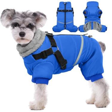 Imagem de BRKURLEG Casaco de inverno azul para cães, jaquetas aconchegantes para cães de inverno, casaco para cães pequenos com arnês, macacão quente para filhotes, jaquetas refletivas para clima frio, casacos