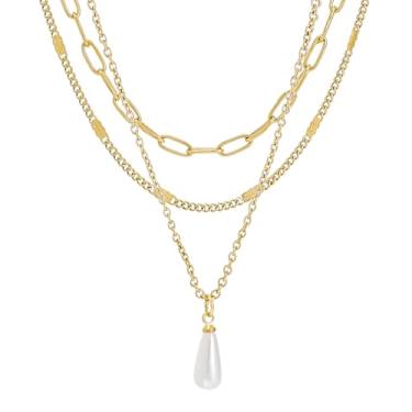 Imagem de Colar em camadas de ouro para mulheres – Gargantilha de clipe de papel de 3 camadas banhado a ouro 14K, corrente plana e colar com pingente de pérola, colar minimalista delicado empilhado joia moderna