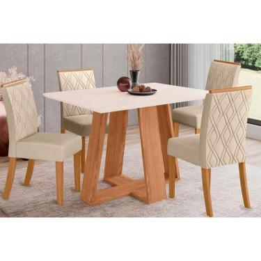 Imagem de Conjunto Mesa De Cozinha Lins Com Tampo Madeirado 120x80cm E 4 Cadeiras Vita Nature Off White Linho Bege Henn