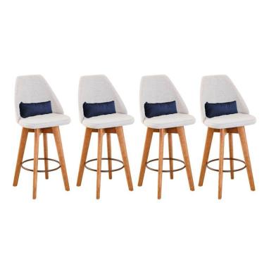 Imagem de Kit 04 Banquetas Alta Maya Giratória Com Encosto Gourmet Linho Bege e Almofada Suede Azul Marinho - Aurora Line