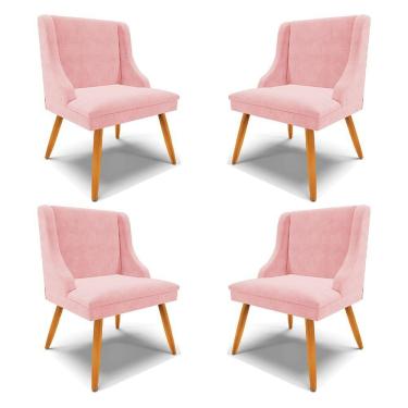 Imagem de Kit 4 Cadeiras Decorativas Sala De Jantar Pés Palito De Madeira Firenze Suede Rosa Bebê/natural G19
