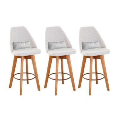 Imagem de Kit 03 Banquetas Alta Maya Giratória Com Encosto Gourmet Linho Bege e Almofada Corino Branco - Aurora Line