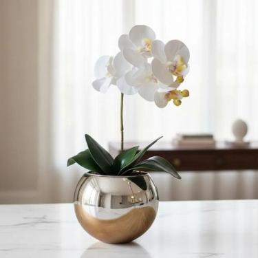 Imagem de Orquídea Branca Artificial Arranjo no Vaso Espelhado Flores Permanente