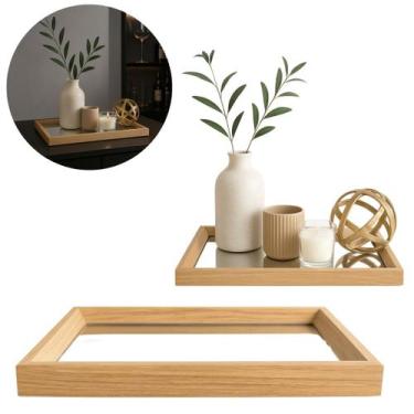 Imagem de Bandeja Retangular Madeira e Espelho pra Decoração 22cm - Freecom
