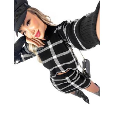 Imagem de Conjunto Xadrez Feminino Blusa Cropped Gola Alta E Saia - AG Acessório