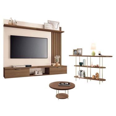Imagem de Painel Suspenso Lets Castanho Off White com Mesa de Centro Sky e Aparador Infinity Castanho - HB Móveis