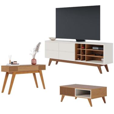 Imagem de Rack Bancada Noronha 1.8 Off White Matte Freijó com Mesa de Centro Jeri Freijó Off White e Aparador Riviera Freijó – Colibri