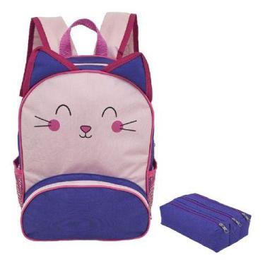 Imagem de Kit Mochila Infantil Gatinho Dinossauro Com Estojo Escolar Triplo Unis