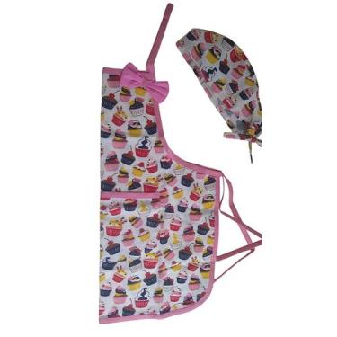 Imagem de avental infantil com touca bandana estampado tricoline - Vivana, rosa