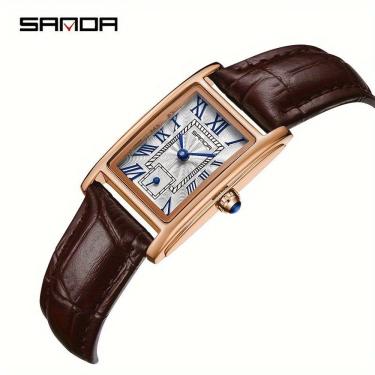 Imagem de Relógio Feminino Sanda Elegante Analógico com Pulseira de Couro Sintético Vermelho Marrom Dourado