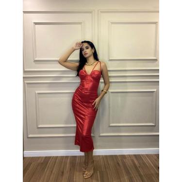 Imagem de Vestido Midi Feminino Brilho Luxo com Fenda - NIVA, Vermelho, ÚNICO