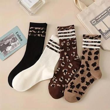 Imagem de Meias Femininas Com Estampa De Leopardo Listrada, 4 Pares, Macias, Con