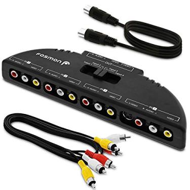 Imagem de Fosmon Divisor RCA de 4 vias e comutador AV, 4 entradas (fêmea) 1 caixa de interruptor seletor de áudio e vídeo estéreo com cabo de remendo composto RCA e cabo S-Video de 2,6 pés (1 conjunto) para