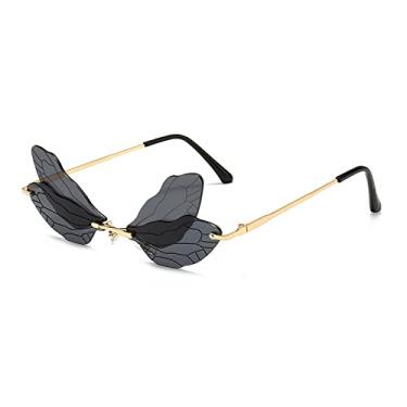 Imagem de Óculos de sol de asa de libélula sem aro moda feminina vintage lente oceano claro óculos masculinos rosa amarelo óculos de sol tons uv400,3, china