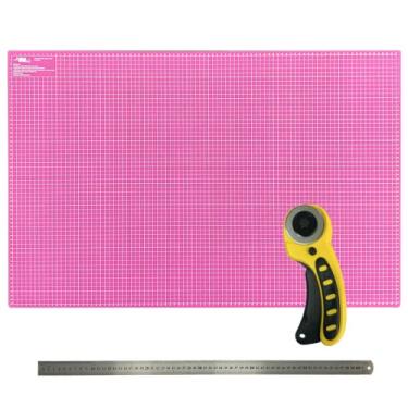 Imagem de Kit Base Apoio Mesa de Corte Grande 90x60 Cortador Amarelo 45mm Régua de Inox 60cm (Placa de Corte Grande Rosa)