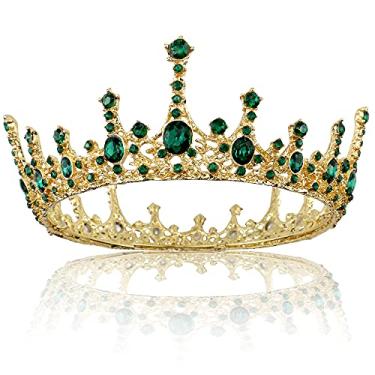 Imagem de NODG Coroas de ouro para mulheres tiaras para mulheres com pedras verdes Tiaras de rainha de ouro para mulheres coroa de casamento redonda de cristal para mulheres Tiaras de noiva vintage para meninas acessórios de cabelo de festa à fantasia