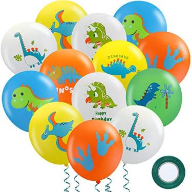 Imagem de 40 balões de látex de dinossauro, balões de aniversário de dinossauro, com fita verde de 92 metros, artigos de festa para decorações de festa de dinossauro