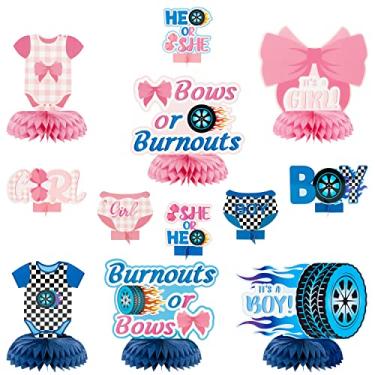 Imagem de G1ngtar 12 peças Burnouts ou laços, decoração de festa, favo de mel, topos de mesa para meninos e meninas, azul e rosa, roda de carro, gravata borboleta, suprimentos de decoração de festa para ele ou ela, revelar o sexo chá de bebê