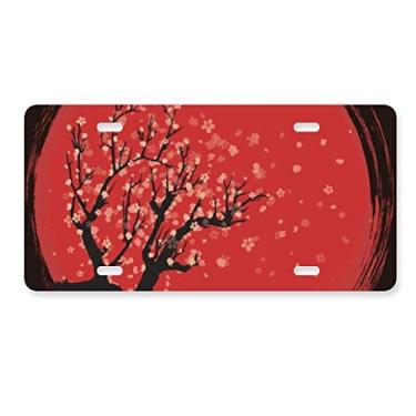 Imagem de DIYthinker Placa de licença japonesa vermelha e branca Sakura Art Pattern Decoração de carro Acessório de aço inoxidável