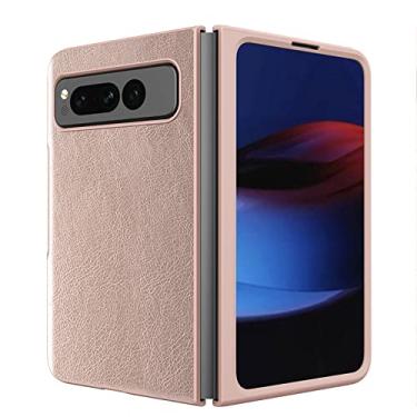 Imagem de KVIBEO Capa para Google Pixel Fold, capa protetora de couro com estampa de lichia com proteção para câmera anti-arranhões capa ultrafina, dourada