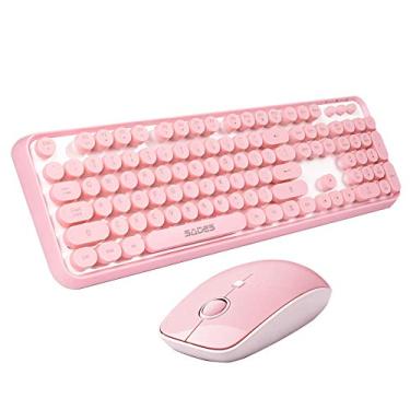Imagem de Combo de teclado e mouse sem fio SADES V2020, teclado rosa sem fio com teclas redondas, conexão sem queda de 2,4 GHz, longa vida útil da bateria, lindos mouse sem fio para PC/laptop/Mac (rosa)