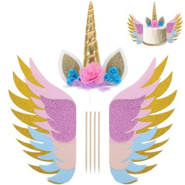 Imagem de Conjunto de 3 peças de blusas de bolo de aniversário de unicórnio com purpurina, decorações de bolo de unicórnio para aniversário, chá de bebê, artigos de festa de casamento da Luoem
