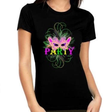 Imagem de Camisetas femininas de Mardi Gras lindas camisetas de Mardi Gras máscara de Mardi Gras, camisa de Mardi Gras, roupa de Mardi Gras, Preto, M