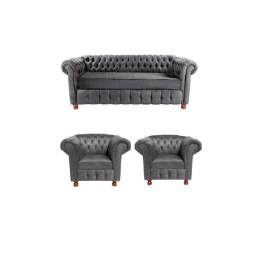 Imagem de Um Sofá 2M + Duas Poltronas Chesterfield Luiz XV Suede Cinza Camuça /barbearia, casa, decoração,recepção, sala, escritorio