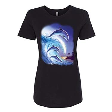 Imagem de Camiseta feminina Dolphins Lover Surfing Riding The Wave, Preto, XXG