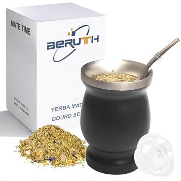 Imagem de Beruth Bombilla Yerba Mate Gourd, conjunto de chávenas de chá de aço inoxidável 227 g com tampa multifuncional, dois canudos e escovas de limpeza, caneca de café de parede dupla isolamento térmico