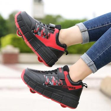 Imagem de Sapatos de patins com rodas duplas em linha retrátil automático técnico skate esporte cross trainers tênis de ginástica, vermelho 1,32 ue