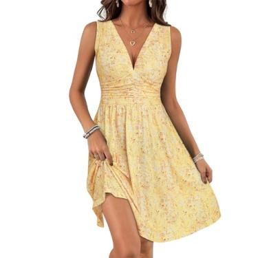 Imagem de TORARY Vestidos de verão para mulheres 2024 sexy decote em V sem mangas midi vestidos de sol para mulheres casuais, Floral amarelo, M
