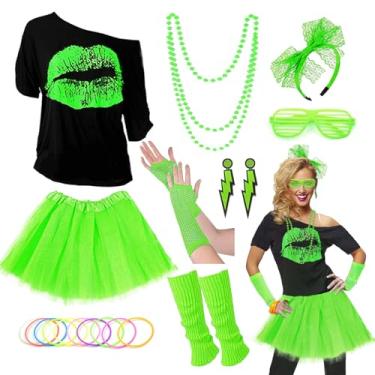 Imagem de RonFoxi Conjunto de acessórios de fantasia dos anos 80 para festa feminina, conjunto de acessórios de fantasia dos anos 80, camiseta, saia tutu etc, Verde neon (sem pacote de cintura), XX-Large