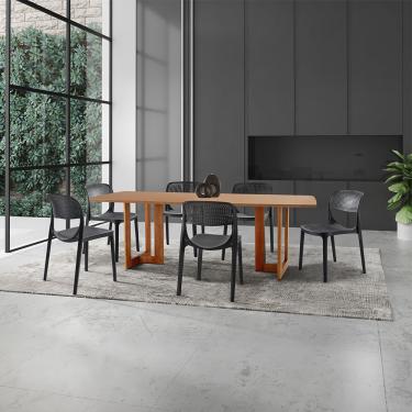Imagem de Conjunto Sala de Jantar Mesa Patros 180cm Madeira Tampo Laminado Barril com 6 Cadeiras Zoe Moderna Mobília - Cinamomo Imbuia/Preta