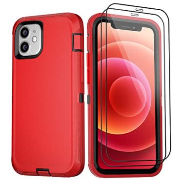 Imagem de BypaBox Capa para iPhone 12 e capa para iPhone 12 Pro com 2 protetores de tela de vidro temperado, proteção total resistente à queda de grau militar capa para celular 6,1 polegadas (vermelho + preto)