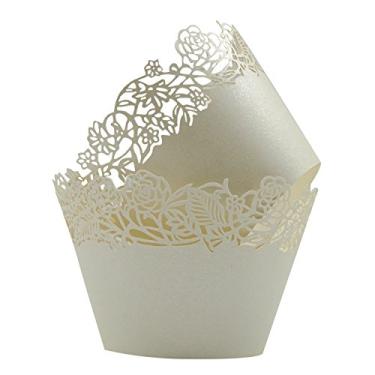 Imagem de Embalagem com 50 embalagens de cupcake em filigrana bege artística, copos de papel para bolo, pequenas videira de renda, corte a laser, forro, copo de cozimento, muffins para decoração de festa de casamento, aniversário - por KEIVA (bege)