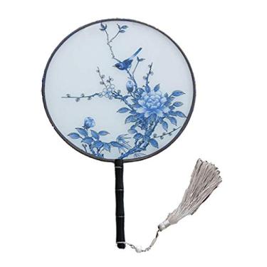 Imagem de Seres Ventilador redondo clássico, costela de leque de madeira e pano de seda semitransparente, mais de 10 padrões opcionais, diâmetro de 21,08 cm, ♚ (3. Pássaro em flores)