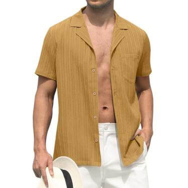 Imagem de RQP Camisas masculinas havaianas Guayabera cubana manga curta abotoadas camisas de verão praia para homens, Caqui, G