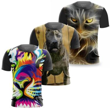 Imagem de Kit 3 Camisa Estampada de Animais Gato Cachorro Tigre Colorido Camiseta Masculina 3D-Masculino
