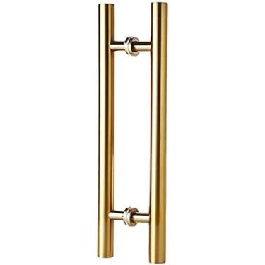 Imagem de Maçaneta de porta dourada deslizante para porta de celeiro, puxador de porta de entrada contemporâneo, puxador de porta interior exterior empurrão, forma cilíndrica, 50 cm de comprimento|30 cm CtoC