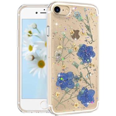 Imagem de CEOKOK Capa transparente para iPhone SE 2020/SE 2022 com design de flores prensadas de verdade fofo brilhante azul brilhante estrelas florais fino macio TPU protetor feminino feminino feminino capa de