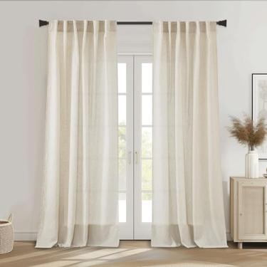 Imagem de Cortinas de linho natural 274 cm de comprimento, cortina extralonga para sala de estar, bolso de aba traseira, cortinas de linho semitransparentes, texturizadas, macias para janela grande, vertical