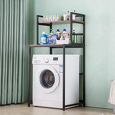 Imagem de Sobre a unidade de prateleira da máquina de lavar, 2 camadas economizam prateleiras de madeira para banheiro sobre o rack de vaso sanitário para toalhas, xampus, preto