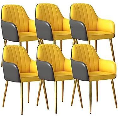 Imagem de Conjunto de 6 cadeiras de jantar de cozinha de couro, balcão, sala de estar, cadeira de recepção com braços ergonômicos, encosto e pé dourado em aço carbono, cinza escuro + amarelo