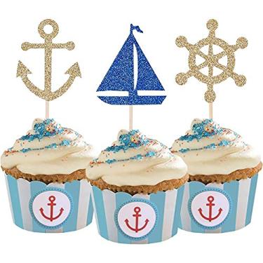 Imagem de 24 peças de palitos de cupcake com glitter, tema náutico, topos de cupcake, comida e frutas para decoração de festas, náuticos, 0 kg