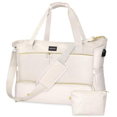 Imagem de ZRRAJOY Bolsa feminina de fim de semana, bolsa de viagem grande com compartimento para sapatos, bolso molhado, porta de carregamento USB, bolsa de mão para academia, Bege, Large, Bolsa de viagem