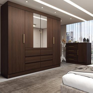 Imagem de Quarto Completo Casal Marrom 5 Portas 10 Gavetas com Espelho ébano - Loja