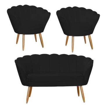 Imagem de Combo Pétala Namoradeira e 2 Poltronas Decorativa Estofada Suede Preto