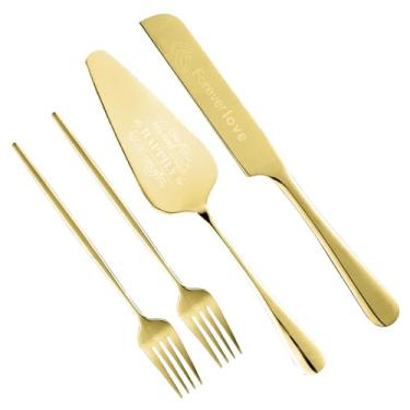 Imagem de Conjunto de corte de bolo personalizado para casamento, conjunto de 4 peças de faca e servidor de bolo de casamento, cortador de bolo e garfos para aniversário, aniversário, presente de formatura